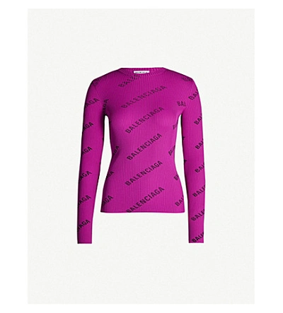 Shop Balenciaga Logo-print Ribbed Jersey Top In Purple/black