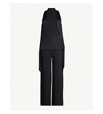 Shop Stella Mccartney Fringe-trimmed Halterneck Crepe Jumpsuit In Black