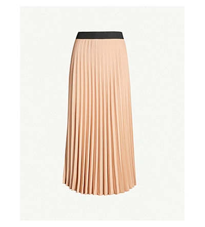 Shop Moncler High-rise Pleated Woven Midi Skirt In Beige