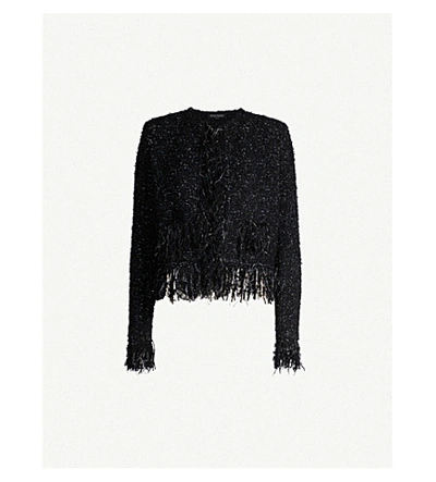 Shop Balmain Fringed Metallic Tweed Jacket In Noir Argent