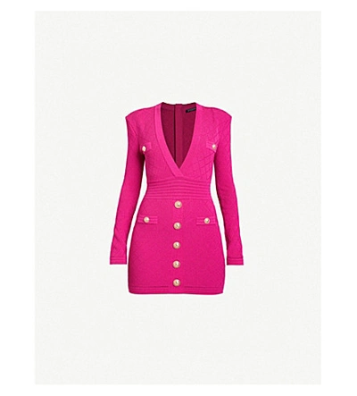 Shop Balmain V-neck Stretch-knit Mini Dress In Pink