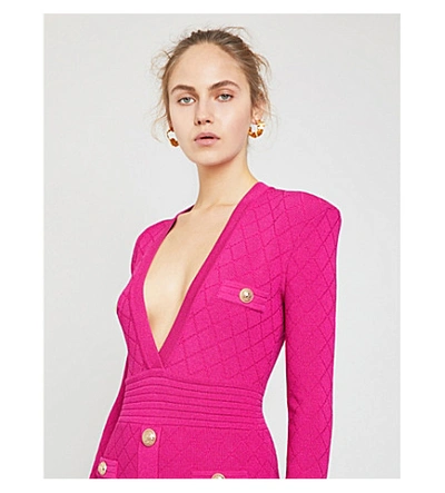 Shop Balmain V-neck Stretch-knit Mini Dress In Pink