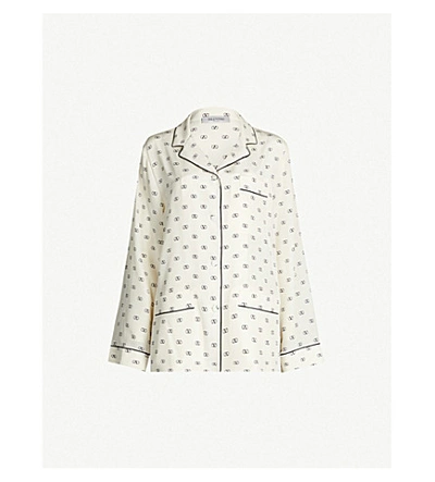 Shop Valentino Piped-trim Logo-print Silk Shirt In Ivory Black