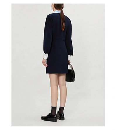 Shop Sandro Pussy-bow Crepe Mini Dress In Navy Blue
