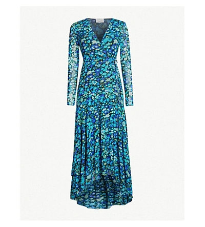 Shop Ganni Floral-print Wrap Over Stretch-mesh Maxi Dress In Azure Blue