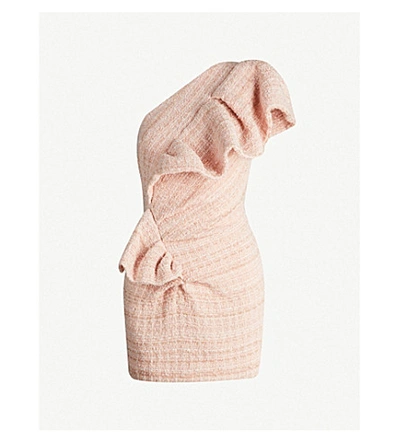 Shop Alexandre Vauthier One-shoulder Ruffled Wool-blend Tweed Mini Dress In Powder