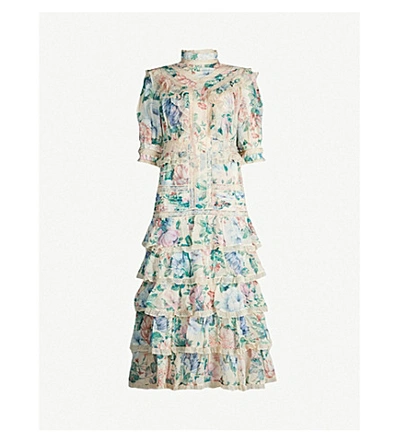Shop Zimmermann Verity Floral-printed Ruffled Cotton And Silk-blend Dress In Cream Floral