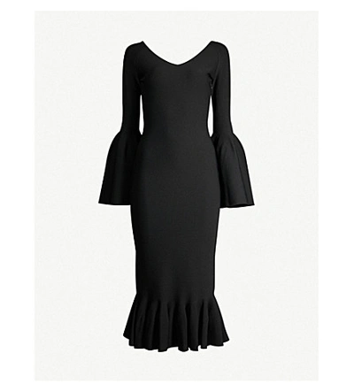 Shop Stella Mccartney Fluted-sleeve Flared-hem Crepe Midi Dress In Black