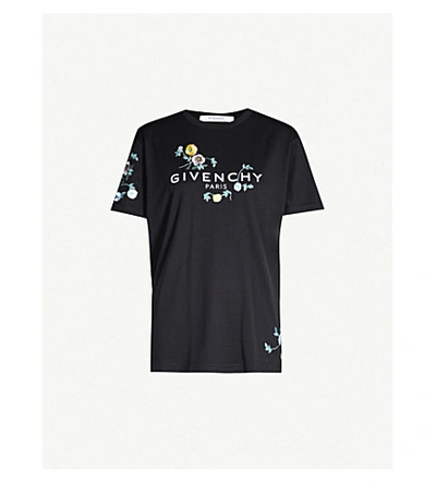 Shop Givenchy Floral-embroidered Logo-print Cotton-jersey T-shirt In Black