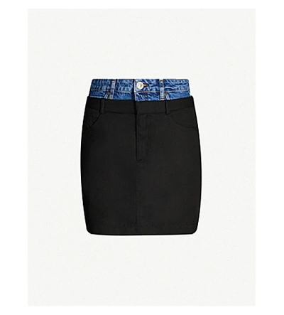 Shop Sandro Capri Contrast-waistband Denim And Woven Mini Skirt In Black
