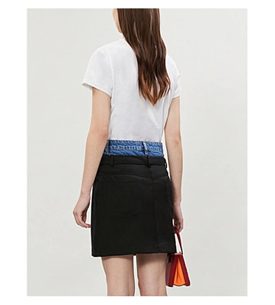 Shop Sandro Capri Contrast-waistband Denim And Woven Mini Skirt In Black