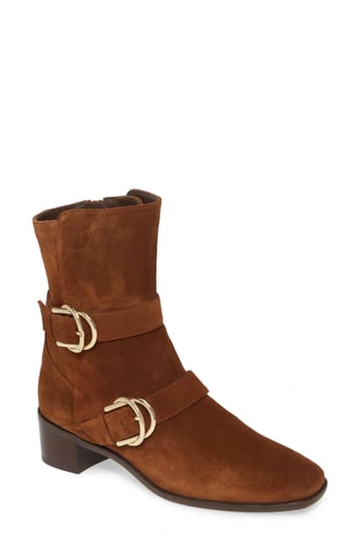 Shop Stuart Weitzman Britain Square Toe Buckle Bootie In Coffee Sport Suede