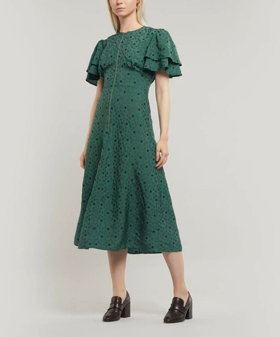 Shop Alexa Chung Ruffle-sleeve Midi-dress In Bottle Green