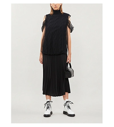 Shop Moncler High-rise Pleated Woven Midi Skirt In Black