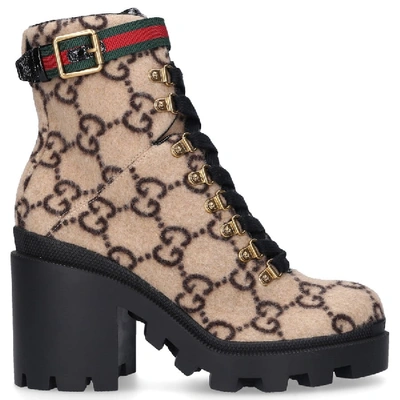 Shop Gucci Lace Up Ankle Boots Trip Bootie  Felt Logo Beige-combo In Yellow