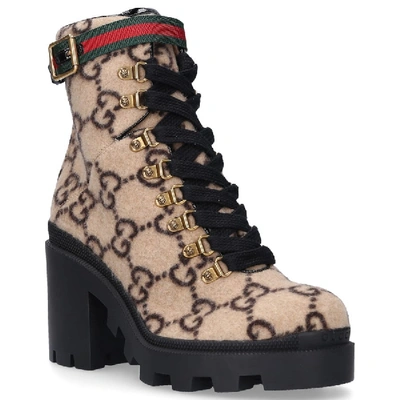 Shop Gucci Lace Up Ankle Boots Trip Bootie  Felt Logo Beige-combo In Yellow