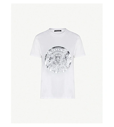 Shop Balmain Metallic Logo Coin-print Cotton-jersey T-shirt In Blanc Argent
