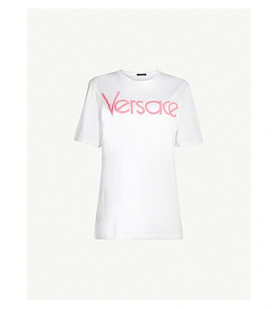 Shop Versace Logo-print Cotton-jersey T-shirt In White Pink
