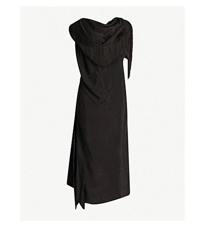 Shop Aganovich Fringe-trimmed Satin Dress In Black
