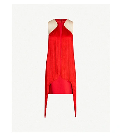Shop Stella Mccartney Halterneck Fringed Crepe Mini Dress In Spark Red