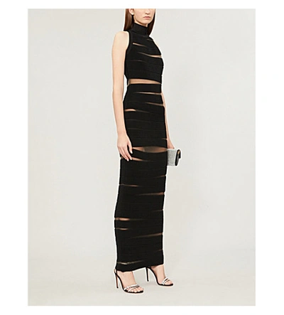 Shop Balmain Turtleneck Sheer-panelled Ribbed Stretch-crepe Maxi Dress In Noir