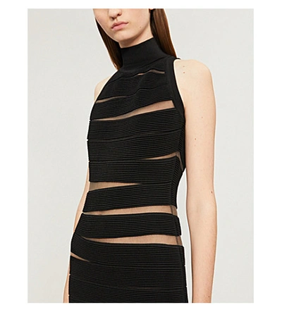 Shop Balmain Turtleneck Sheer-panelled Ribbed Stretch-crepe Maxi Dress In Noir