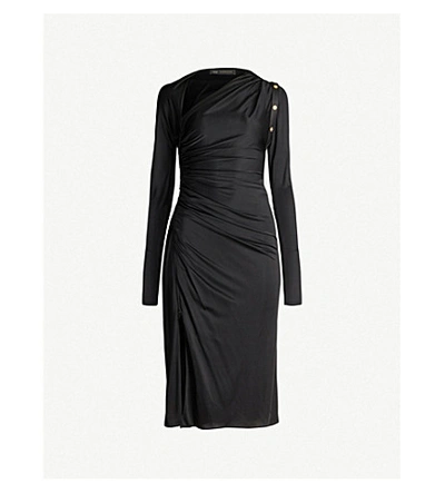Shop Versace Asymmetric Draped Stretch-jersey Midi Dress In Black