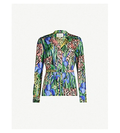 Shop Gucci Feline Garden-print Silk-satin Shirt In Multi