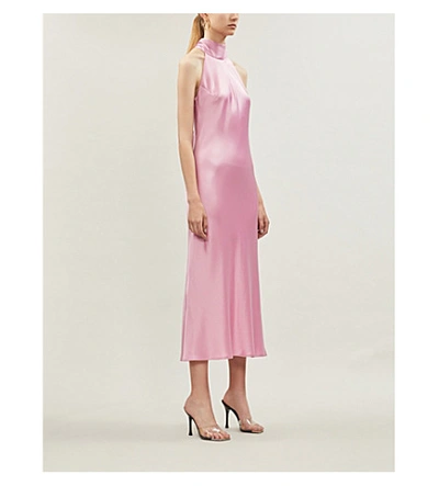 Shop Galvan Sienna Halterneck Satin Midi Dress In Rose