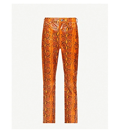Shop Grlfrnd Snakeskin-print Straight Leather Trousers In Orange Snake