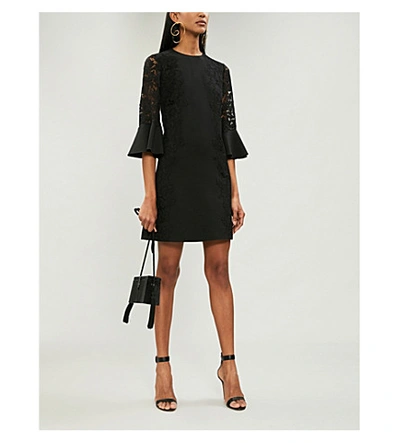 Shop Valentino Lace-sleeve Wool And Silk-blend Shift Dress In Nero