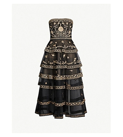 Shop Oscar De La Renta Metallic-embroidered Silk-blend Gown In Black/gold