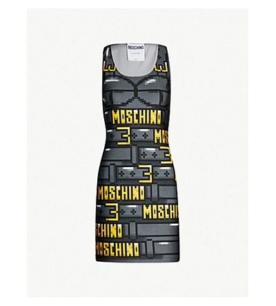 Shop Moschino Logo-print Stretch-jersey Mini Dress In Grey & Yellow