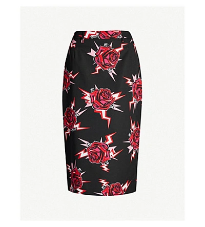 Shop Prada Rose-print Cotton-jersey Pencil Skirt In Lacca