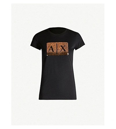 Shop Armani Exchange Sequinned Slim-fit Cotton-jersey T-shirt In Black Gold