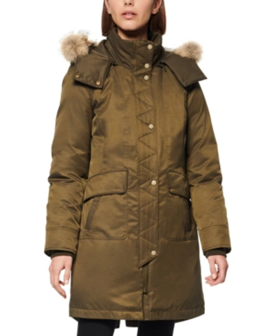 Shop Andrew Marc Fur-trim Hooded Down Parka Coat In Olive