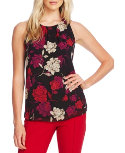 Shop Vince Camuto Enchanted Floral-print Pleated-neck Top In Tulip Red