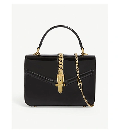 Shop Gucci Sylvie Patent Leather Mini Tote In Black