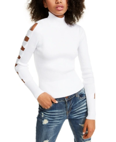 Shop Almost Famous Juniors' Lattice Sleeve Sweater In Ivory
