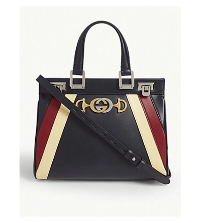 Shop Gucci Zumi Stripe Leather Top Handle Bag In Blue Romantic Multi