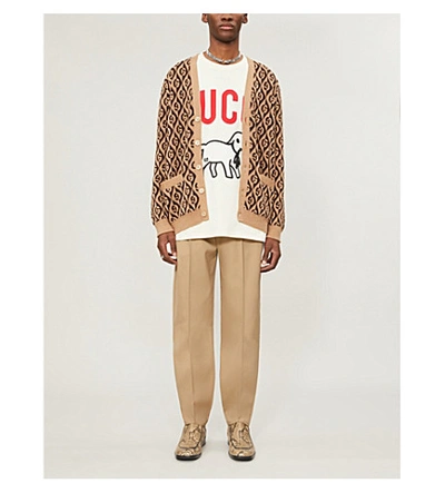 Shop Gucci Logo Knit Wool Cardigan In Beige Brown