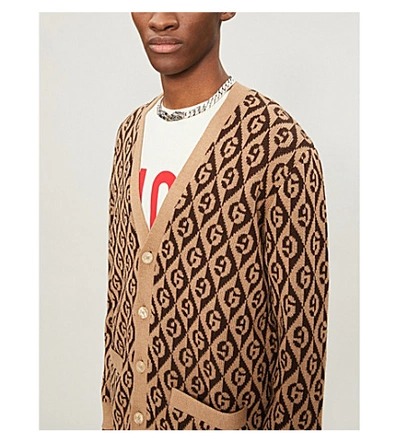 Shop Gucci Logo Knit Wool Cardigan In Beige Brown