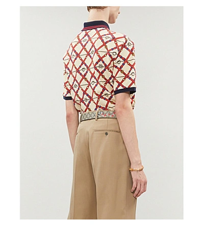 Shop Gucci Graphic-print Oversized Stretch Cotton-piqué Polo Shirt In White Red