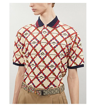 Shop Gucci Graphic-print Oversized Stretch Cotton-piqué Polo Shirt In White Red