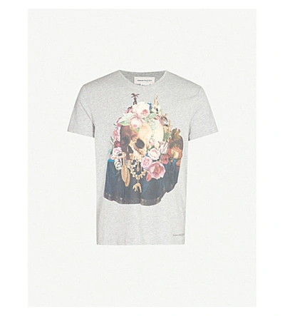 Shop Alexander Mcqueen Floral Skull-print Cotton-jersey T-shirt In Grey Mix
