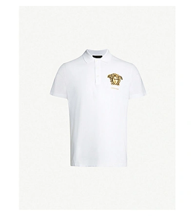 Shop Versace Logo-embroidered Cotton-pique Polo Shirt In Bianco