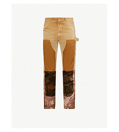 Shop Facetasm Cropped Print-panelled Cotton Straight-leg Trousers In Beige