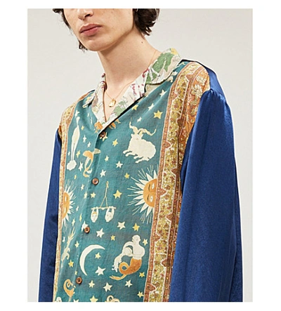 Shop Gucci Zodiac-print Oversized Satin And Cotton Shirt In Green Blue