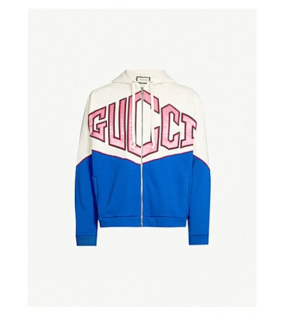 Shop Gucci Logo-appliquéd Cotton-jersey Hoody In Natural+navy+red