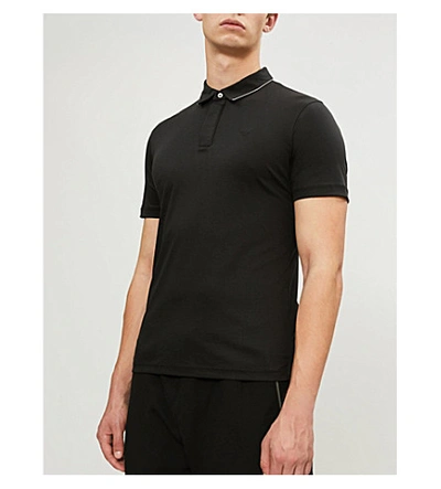 Shop Emporio Armani Logo-embroidered Cotton-jersey Polo Shirt In Black